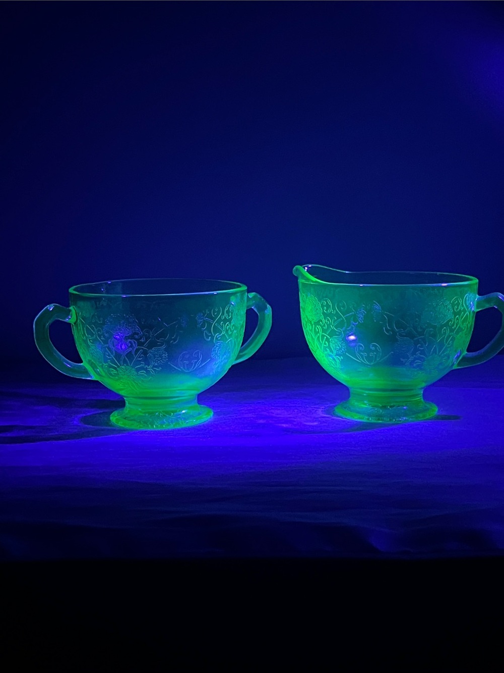 Uranium Depression Glass Creamer & Open Sugar Bowl Set - 1930s Glow Glass